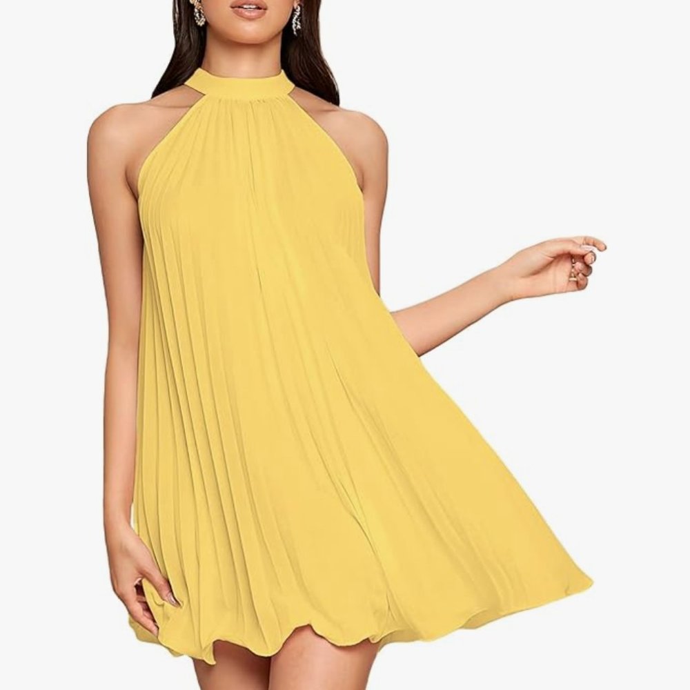 SweatyRocks Women's Casual Sleeveless Tie Back Halter Dress Mini Swing Pleated
